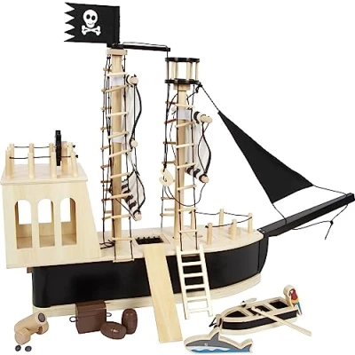Imagen de small foot Pirata para muñecas Flexibles de Madera, Gran Barco Juguete con Accesorios y Funciones, 12411 Abwechslung Toys, Color Negro, Crema, Large