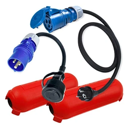 Imagen de IntuiFlex CEE Juego de adaptadores Camping con Cajas Protectoras 1,5/0,3m Cable Adaptador Schuko Macho y Caja Cables (3 x 2,5 mm², 230 V, 16 A, 1,5 m, 0,3 m), Rojo, IP44, Autocaravana