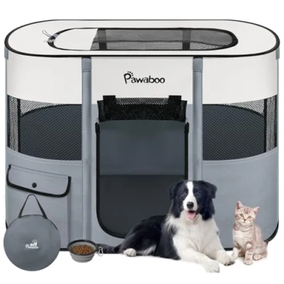 Imagen de Pawaboo Parque para Mascotas Portátil, Jaula de Perros Plegable Oxford Impermeable con Bolsa Transporte y Cuenco Plegable, Valla Gatos Conejos, Talla M, Gris