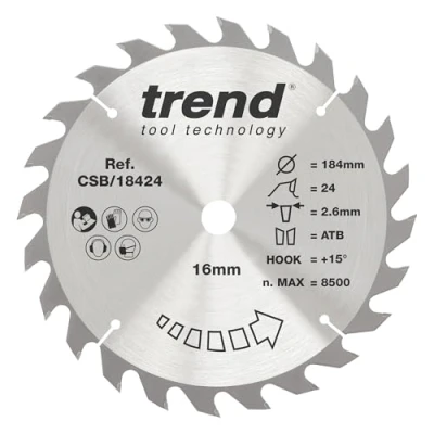 Imagen de Trend CraftPro Hoja de sierra TCT uso general, 184 mm x 24 dientes 30 diámetro interior, punta carburo tungsteno, CSB/18424A