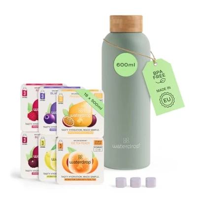 Imagen de waterdrop® Starter Set Steel con 1 botella de acero + 18 microbebidas para disolver en 6 variedades afrutadas, paquete degustación inoxidable 600 ml, apta bebidas
