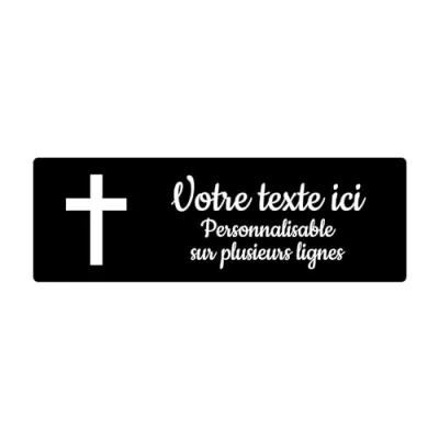 Imagen de Placa grabada funeraria, diseño de cruz cristiana, autoadhesiva, 20 x 6,5 cm, personalizada, 1 a 3 líneas, color negro