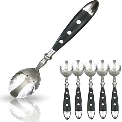 Imagen de Kerafactum Juego de 6 cucharas sopa, mesa para sopas Cucharillas cocina remachadas acero inoxidable con asas negras en estilo rústico Bistro Set extensible spoon
