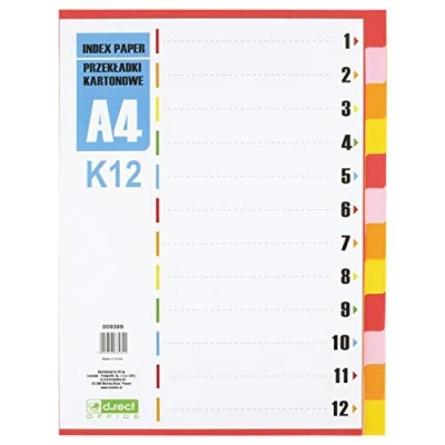 Imagen de D.RECT Separadores para A4, K12, 12 hojas de separación, pestañas con número 1 12, multicolor