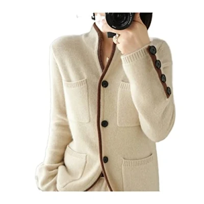 Imagen de VATIVA Suéter 100 % de cachemira para mujer, cárdigan cuello alto otoño/invierno, chaqueta punto casual (color: crudo, talla: XL)
