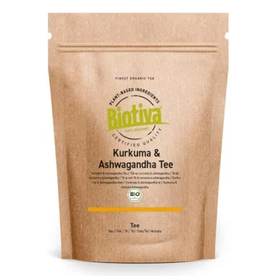Imagen de Biotiva Té de cúrcuma y Ashwagandha orgánico 100g raíz (Curcuma longa) ( W. somnifera) secas embotellado controlado en Alemania