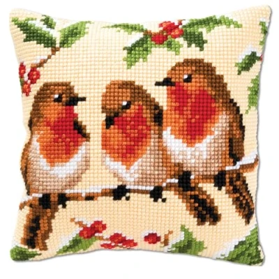 Imagen de Vervaco Punto De Cruz Kit Cojin Decorativo 3 PETIRROJOS Manualidades Adultos Decoracion Bordar Principiantes Completo DIY Bordado Creativo Regalo ca. 40x40 cm Cross Stitch Embroidery