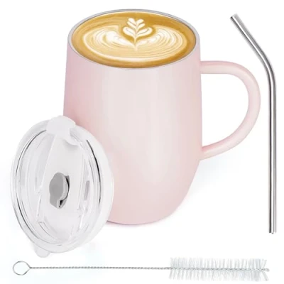 Imagen de BELLE VOUS Taza para Llevar de Acero Inoxidable con Asa 350 ml Vaso Tapa y Pajita Pared Doble Aislante Vacío Bebidas Frías Calientes Té Café