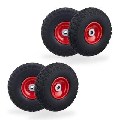 Imagen de Relaxdays 4 Ruedas de Carro Antipinchazos, Macizas, 4.10/3.50 4&quot;, Llantas Acero, 150 kg, 260x85mm, Negro y Rojo