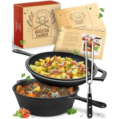 Imagen de KRUSTENZAUBER Cacerola de hierro fundido (incluye tenedor carne), resistente sartén 26 cm, juego holandés, olla Kazan Cast Iron Pot