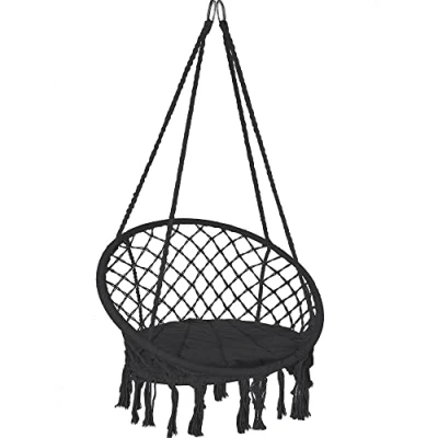 Imagen de VOUNOT Silla Colgante Exterior con Flecos, Hamaca Conjín Redondo, Ø80cm Columpio para Interior y Exterior, Negro