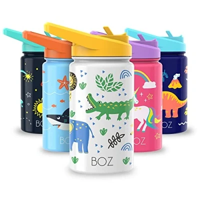Imagen de BOZ Botella Agua Niños con Pajita Acero Inoxidable 414 ml, Térmica Aislamiento Doble Pared Sin BPA, Isotérmica Antiderrame Asa Apta para el Lavavajillas (Safari)