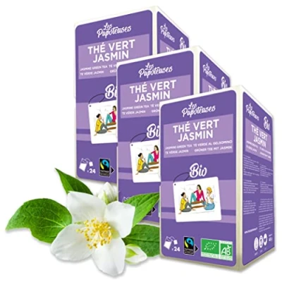 Imagen de LES PAPOTEUSES Flores de jasmine tea verdes bio 72 bolsitas Certificado ecológico y comercio justo 3 confecciones 24 bolsas Hojas té verde