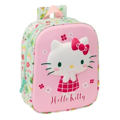 Imagen de Safta HELLO KITTY 3D Mochila de Guardería 3D, Adaptable a Carro, Fácil Limpieza, Ideal para Niños Diferentes Edades, Cómoda y Versátil, Calidad Resistencia, 22x10x27 cm, Color Rosa/verde