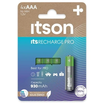 Imagen de ITSON, Pilas Recargables AAA, Pro, Paquete de 4, Gran Potencia, precargadas, Capacidad mínima: 930 mAh, Embalaje con 95% Materiales reciclados, Made in Japan