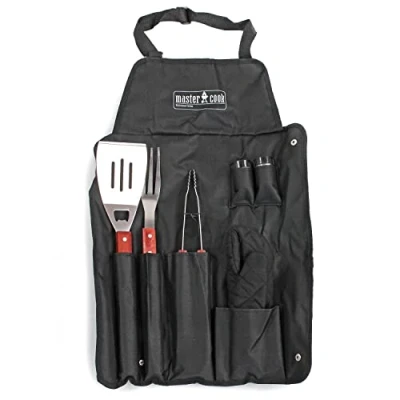 Imagen de MasterCook Kit de Accesorios Profesionales Acero para Barbacoa con Delantal, Juego BBQ Pinza, Horquilla, espátula y Guante,