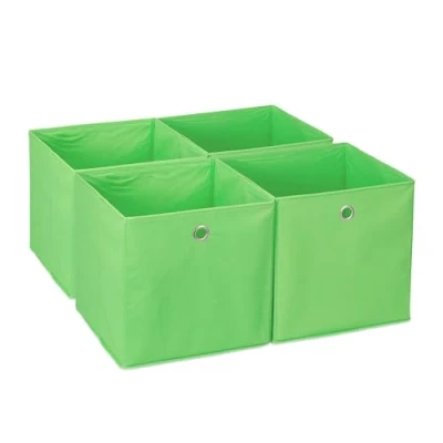 Imagen de Relaxdays Juego Almacenamiento Cajas Almacenaje para Estantería en Set de 4, Cajones Plegables, 30 x cm, Asa Redonda, Verde, Poliéster
