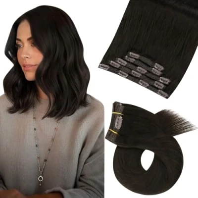 Imagen de Moresoo Extensiones Clip in Cabello de Humano Remy Pelo #2 Marron Oscuro 5Piezas/70G 14 Pulgadas