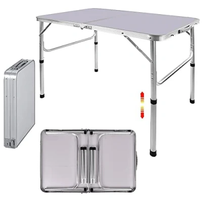 Imagen de mesa plegable de aluminio portátil 90 cm, para jardín, barbacoa, camping, 2 engranajes, altura ajustable, ligero cocina al aire libre, tamaño desplegado: x 67/37 cm
