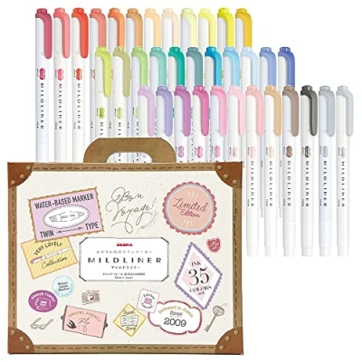 Imagen de Zebra Highlighter Mildliner WKT7 35C Juego de 35 colores en caja regalo, multicolor