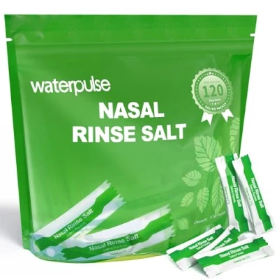 Imagen de Waterpulse 120 paquetes de solución salina, sal premezclados Neti Pot envueltos individualmente, enjuague nasal, sinusal para sistema riego nasal