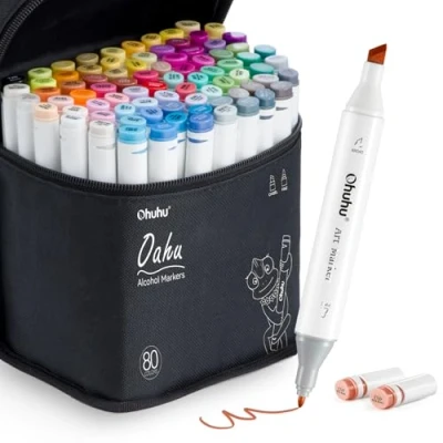 Imagen de Ohuhu Rotuladores de doble punta, 80 colores, con estuche transporte. Para pintura artística animación, resaltado y subrayado