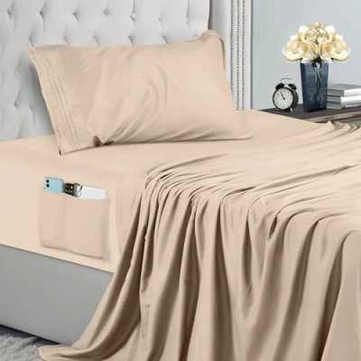 Imagen de Utopia Bedding Juego De Sabanas Bordadas 3 Piezas 90x190 Microfibra Poliéster, Sábana Bajera con Bolsillos Almacenamiento, Plana Y 1 Funda Almohada (Cama 90, Beige)