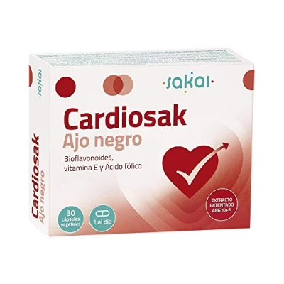 Imagen de Sakai Cardiosak Ajo Negro Regula la función cardiovascular Triglicéridos Tensión arterial Colesterol ABG10+, Bioflavonoides, Vitamina E y Ácido Fólico Sin olor sabor