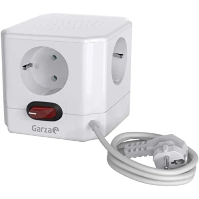 Imagen de Garza Power Base múltiple Cubo de 4 tomas Schuko con Interruptor, cable 1.5mm x 1.5 Metros, color Blanco