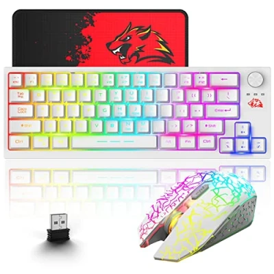 Imagen de Combo Teclado y ratón Inalámbrico para Windows, 2.4 GHz con Receptor USB, 64 Teclas Perilla RGB Retroiluminado Recargable 3000mAh Batería 2400 dpi Mouse Alfombrilla de Blanco