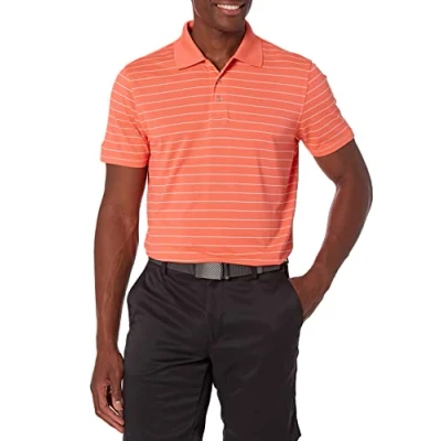 Imagen de Amazon Essentials Polo de Golf Secado Rápido Ajuste Entallado Hombre, Naranja Coral Rayas, XL