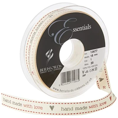 Imagen de Berisfords Cinta Hand Made with Love 15 mm, Color Blanco Natural