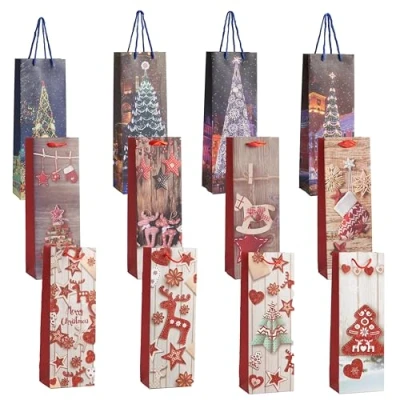 Imagen de THE TWIDDLERS 12 Bolsas Navideñas para Vino con Asas de Cuerda en Festivos Diseños Pastel, Botellas, 2 Cada Diseño, Festiva Bolsa Navideña Botellas 35cm x 13cm