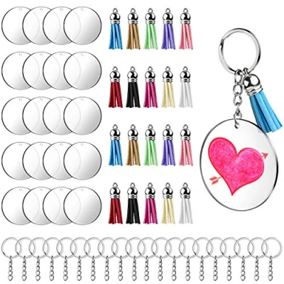 Imagen de 60PCS Llaveros Acrílicos Redondos, Discos Llavero Kit Transparentes, Acrílico en Blanco con 20 Anilla de Llavero, Colgantes Borlas y Anillo Salto para DIY