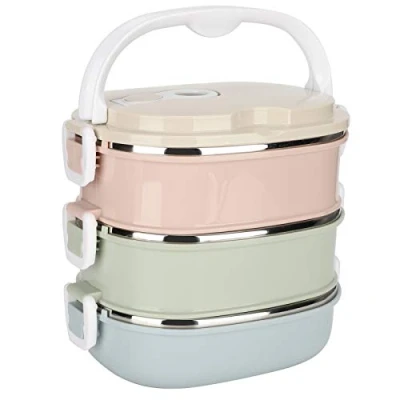 Imagen de fuwinkr Caja de almuerzo térmica bento hermética 3 niveles apilable acero inoxidable para alimentos calientes adultos/hombres/mujeres, sin BPA(3 capas)