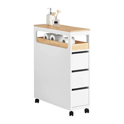 Imagen de SoBuy Armario de Baño Estrecho Estantería para Nichos Móvil Carrito con 1 Bandeja Extraíble y 3 Cajones Color Blanco Madera 65 x 24 82 cm BZR54 GR ES