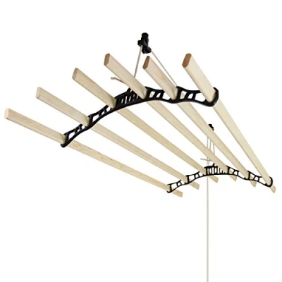Imagen de MonsterShop Tendedero de Techo con Sistema Poleas en Negro y 6 Listones Madera 1.4m Colgante Estructura para Colgar Secar Ropa Colgador Habitación Interior Kit Fijación GRATIS
