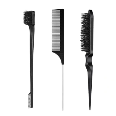 Imagen de 3 Piezas Kit Peine Peinar Cabello, Cepillo Cardar Pelo, de Cola con Punta, Doble Borde Peine, Cepillos Peinar, para el Hogar, Salones, Peluqueros, Negro