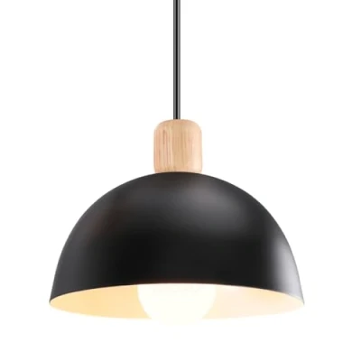 Imagen de iDEGU Lámpara de Techo Moderna, 20CM LED Colgante en Hierro y Madera Estilo Escandinavo Iluminación E27 Retro Luz Interior para Dormitorio Comedor Sala Estar (1 Pieza, Negro)