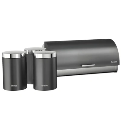 Imagen de briebe Set Panera de Mesa + Juego 3 Botes Cocina Almacenaje, Acero Inoxidable, Contenedor para Guardar Pan y Bollería,Tapa Deslizante, Diseño Moderno, Bread Box, Gris/Inox