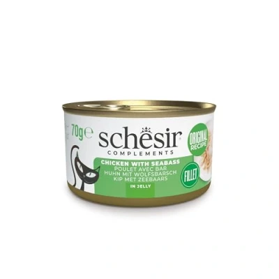 Imagen de Schesir, Filetes de Pollo con lubina en Gelatina, Comida Húmeda Complementaria para Gatos, Latas, Receta Original, 100% Natural, 12 x 70g