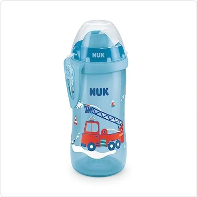 Imagen de NUK First Choice+ Flexi Cup Botella para aprender a beber (12 meses, partir de 12 prueba fugas, con pinza y tapa protectora, sin BPA, 300 ml, coche bomberos (azul)
