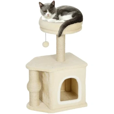 Imagen de PawHut Rascador para Gatos Altura 66 cm Árbol Torre de Escalada con Cama Cueva Plataforma Bola Colgante y Poste Yute Beige