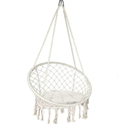 Imagen de VOUNOT Silla Colgante Exterior con Flecos, Hamaca Conjín Redondo, Ø80cm Columpio para Interior y Exterior, Beige