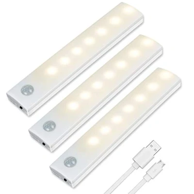 Imagen de Vicloon Iluminacion Luz sin cables Portatil, 3 Pc Armario con Sensor de Movimiento Auto en/Apagado, USB Recargable LED 2 Tiras Magnéticas para Escalera, Cocina (Blanco cálido)