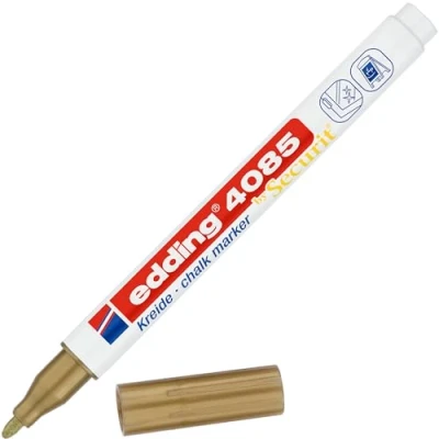 Imagen de edding 4085 marcador de tiza oro 1 rotulador punta redonda 2 mm rotuladores para cristal borrables pizarras, vidrio y espejos líquida cobertura opaca