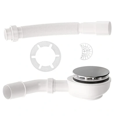 Imagen de Set AQUABAD® para plato de ducha: juego desagüe extraplano en cromo con Ø 90 mm + sifón curvo tubo flexible