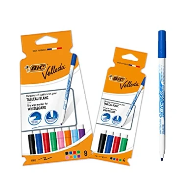 Imagen de BIC Velleda, rotuladores de pizarra blanca, punta fina, ideal para los niños, colores surtidos, set 12