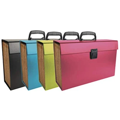 Imagen de Exacompta 58420E 1 clasificador de maletas con asa Economic tapa forrada papel cierre pulsador 20 compartimentos tamaño 38,5x25x12cm colores aleatorios