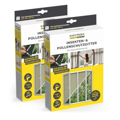 Imagen de EASYmaxx Mosquitera antipolen para ventanas con Magic Click Cortada a medida todas las de hasta 150 x 130 cm Fácil instalación 12 imanes sin taladrar ni atornillar [2 Piezas]